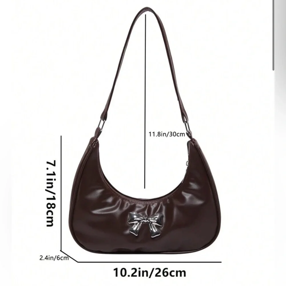 Brown Faux Leather Shoulder Bag with Silver Bow Detail | Coquette | NWOT